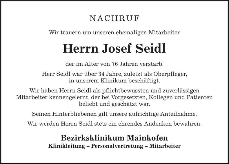 Traueranzeige Josef Seidl