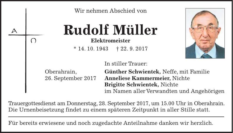 Traueranzeige Rudolf Müller