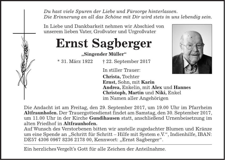 Traueranzeige Ernst Sagberger