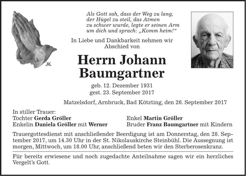 Traueranzeige Johann Baumgartner