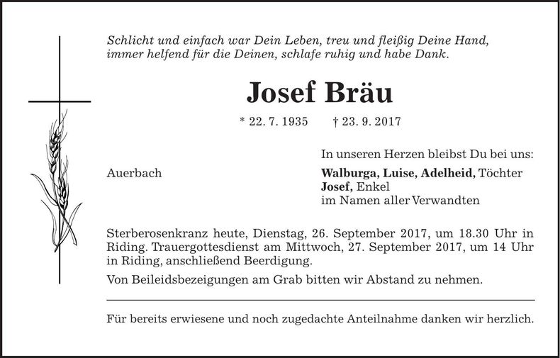 Traueranzeige Josef Bräu