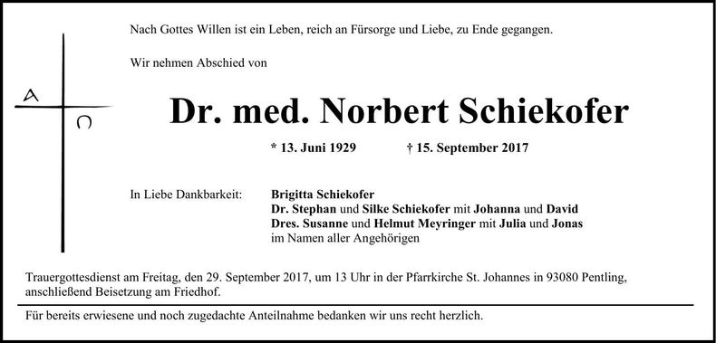 Traueranzeige Norbert Dr. Schiekofer