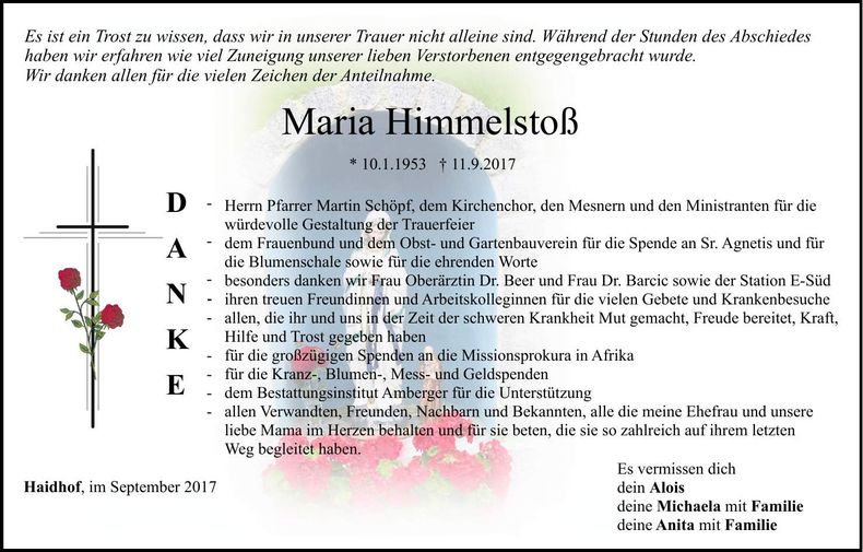 Traueranzeige Maria Himmelstoß