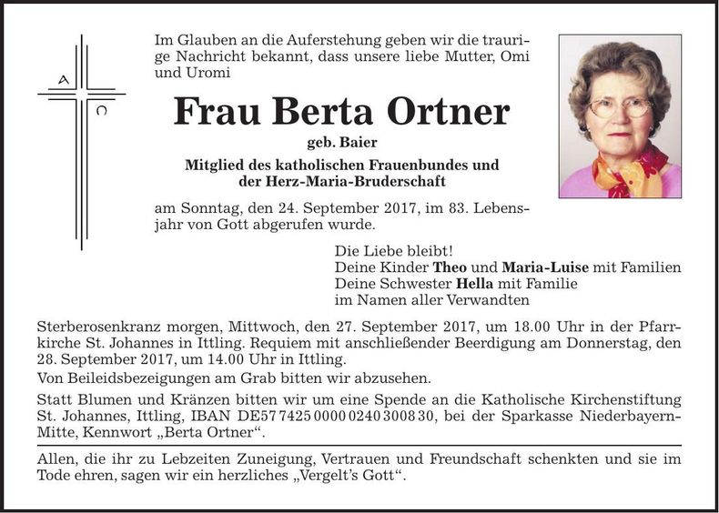 Traueranzeige Berta Ortner