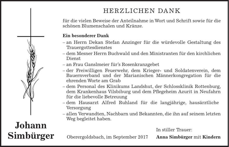 Traueranzeige Johann Simbürger