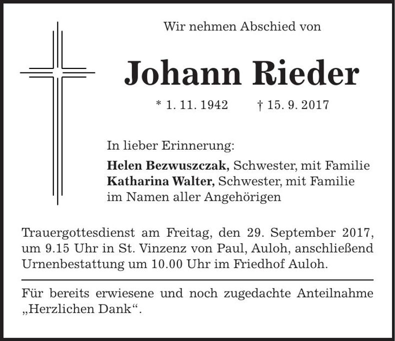 Traueranzeige Johann Rieder