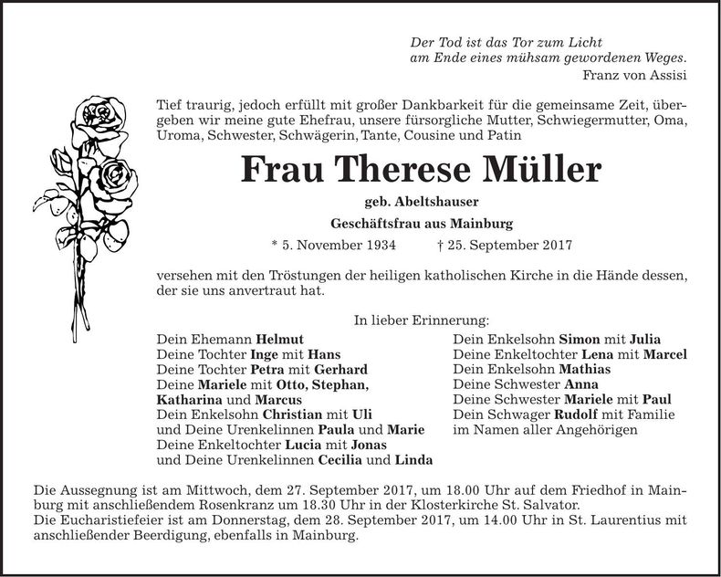 Traueranzeige Therese Müller