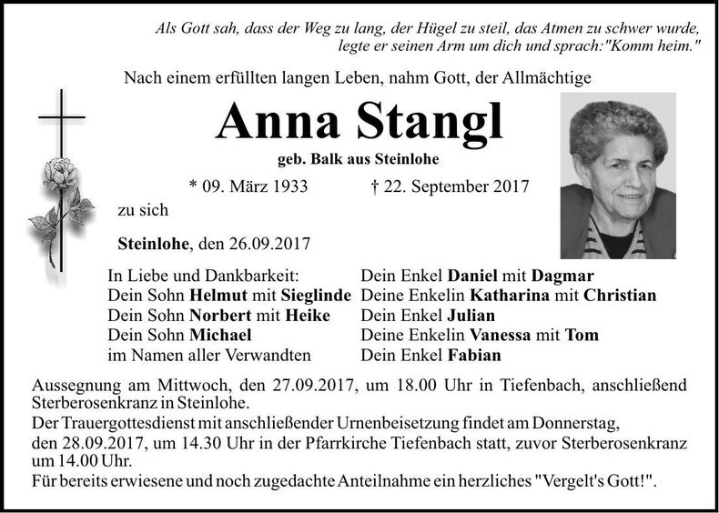 Traueranzeige Anna Stangl