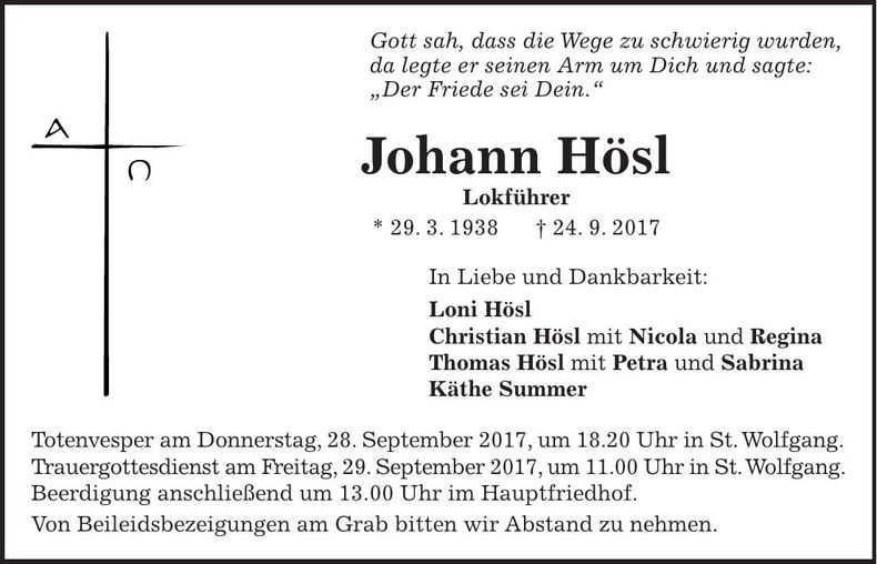Traueranzeige Johann Hösl
