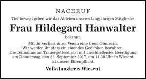 Traueranzeige Hildegard Hanwalter