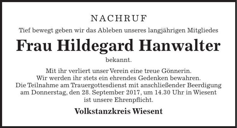 Traueranzeige Hildegard Hanwalter