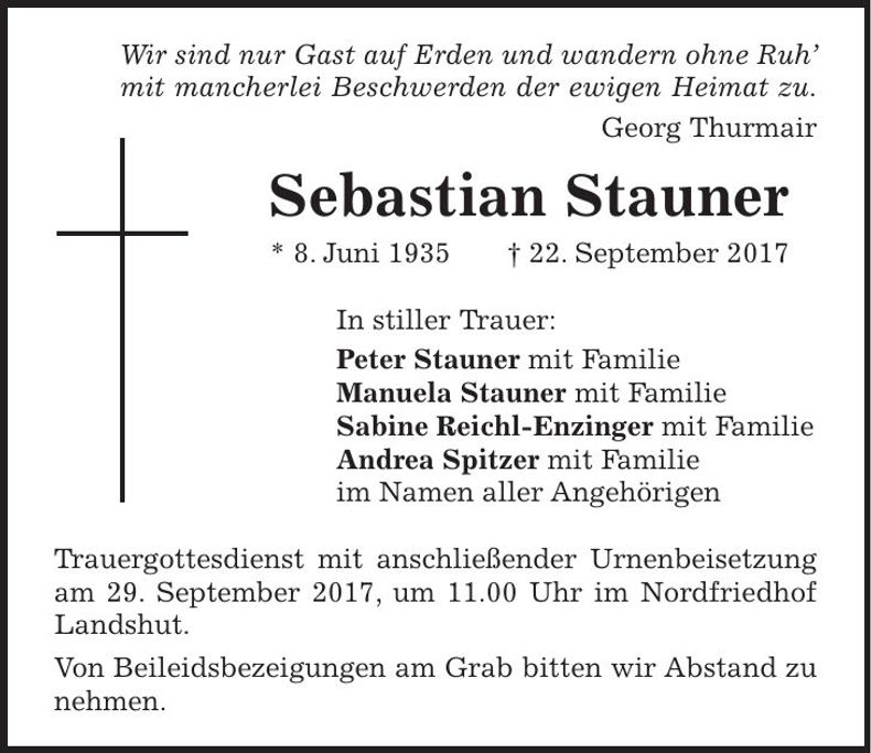 Traueranzeige Sebastian Stauner
