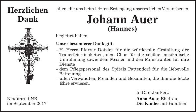 Traueranzeige Johann Auer