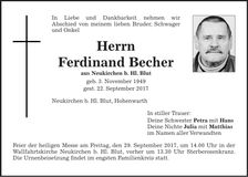 Traueranzeige Ferdinand Becher