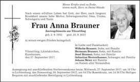 Traueranzeige Anna Brauner