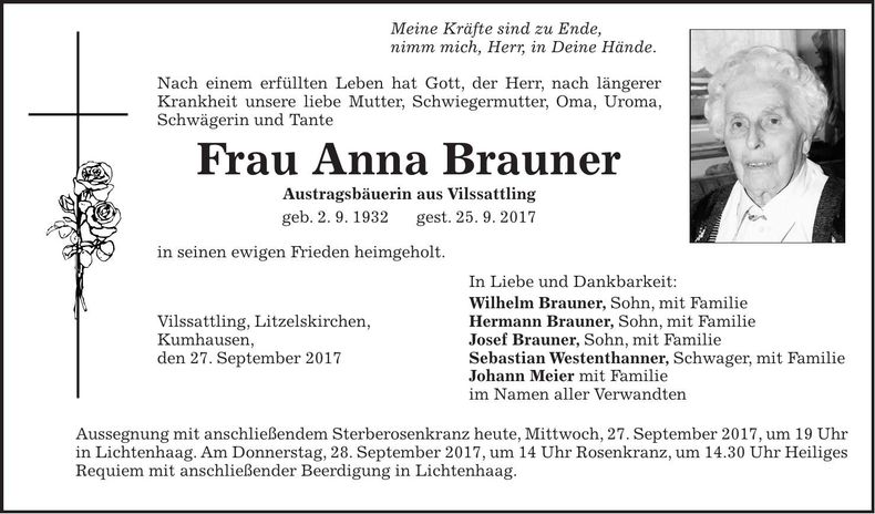 Traueranzeige Anna Brauner