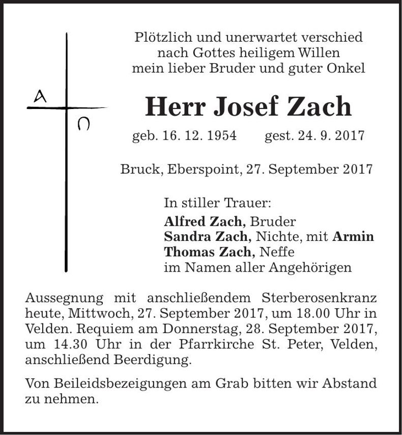 Traueranzeige Josef Zach