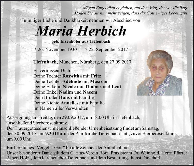 Traueranzeige Maria Herbich