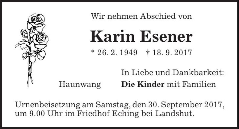 Traueranzeige Karin Esener