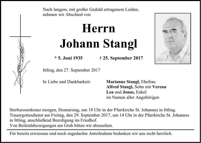 Traueranzeige Johann Stangl