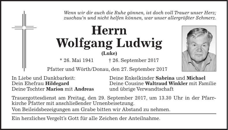 Traueranzeige Wolfgang Ludwig