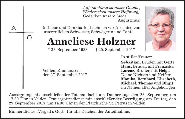 Traueranzeige Anneliese Holzner