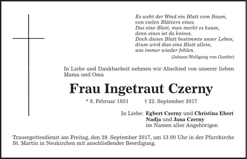 Traueranzeige Ingetraut Czerny