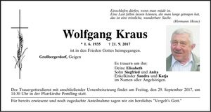 Traueranzeige Wolfgang Kraus