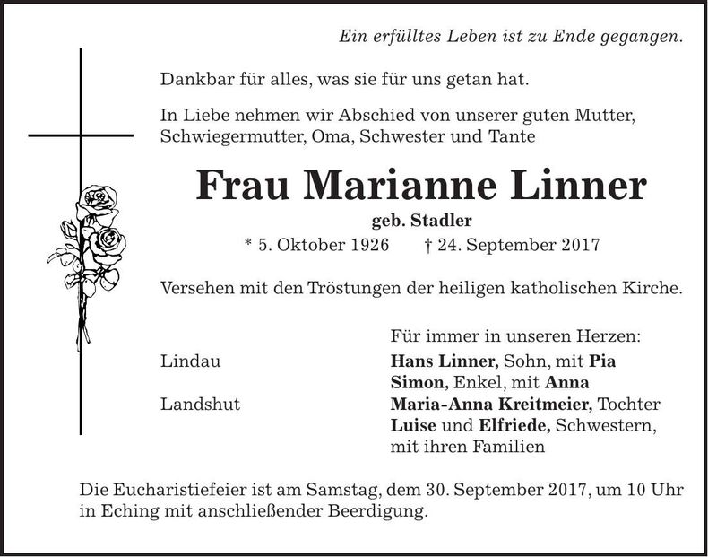 Traueranzeige Marianne Linner