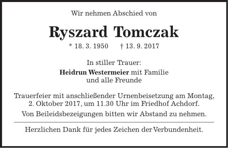 Traueranzeige Ryszard Tomczak