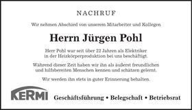 Traueranzeige Jürgen Pohl