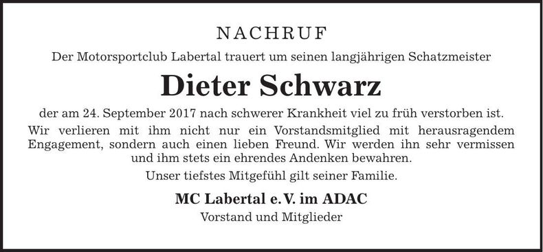 Traueranzeige Dieter Schwarz