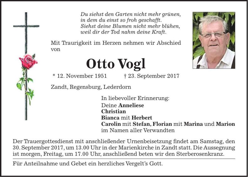 Traueranzeige Otto Vogl