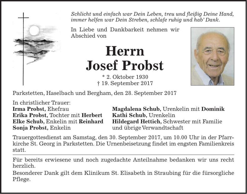Traueranzeige Josef Probst