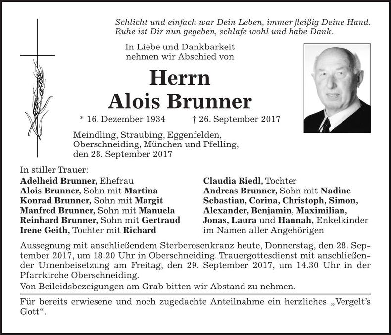 Traueranzeige Alois Brunner