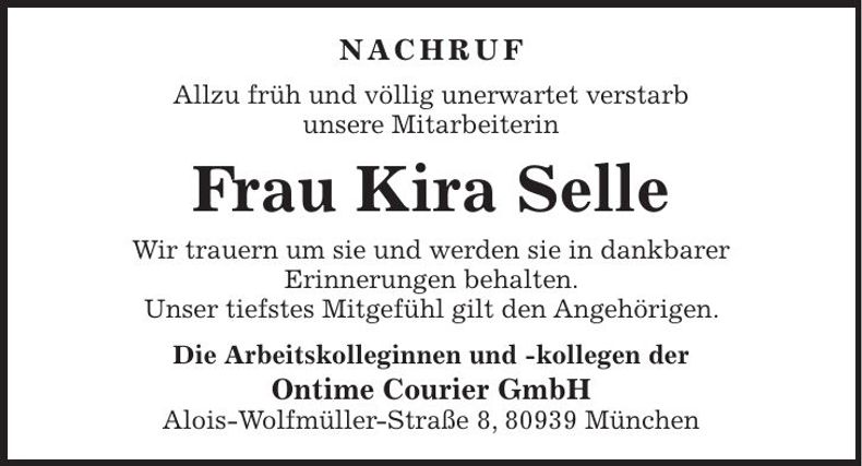 Traueranzeige Kira Selle
