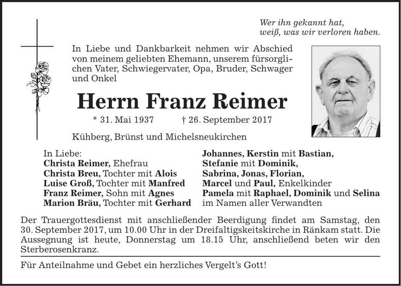 Traueranzeige Franz Reimer