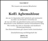 Traueranzeige Koffi Agbemahloue