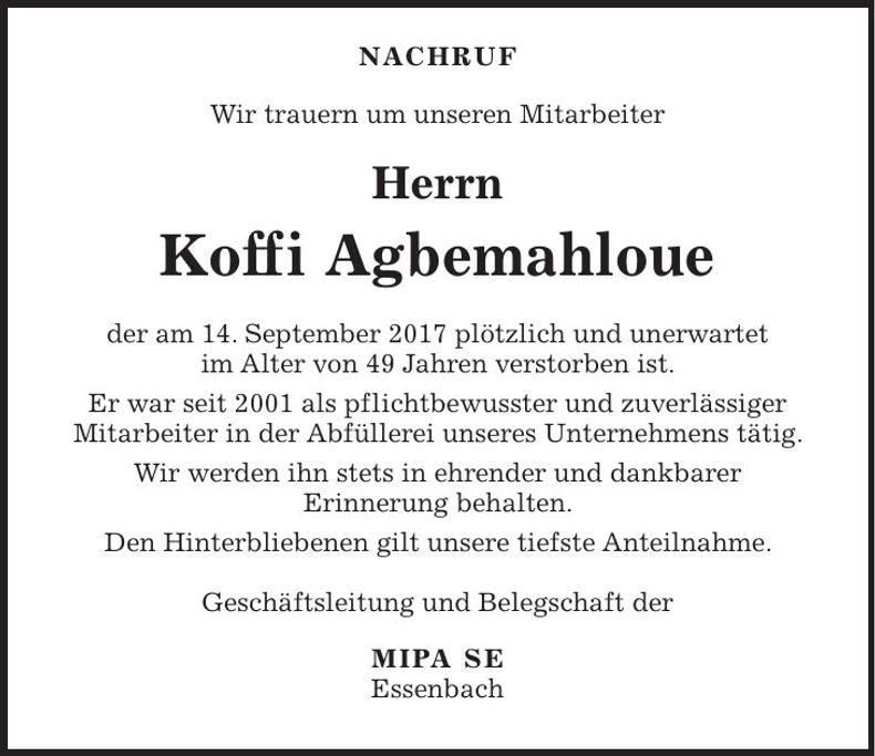 Traueranzeige Koffi Agbemahloue
