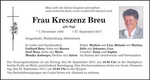 Traueranzeige Kreszenz Breu