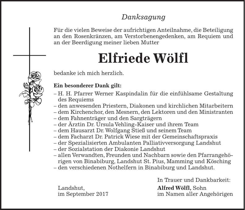 Traueranzeige Elfriede Wölfl