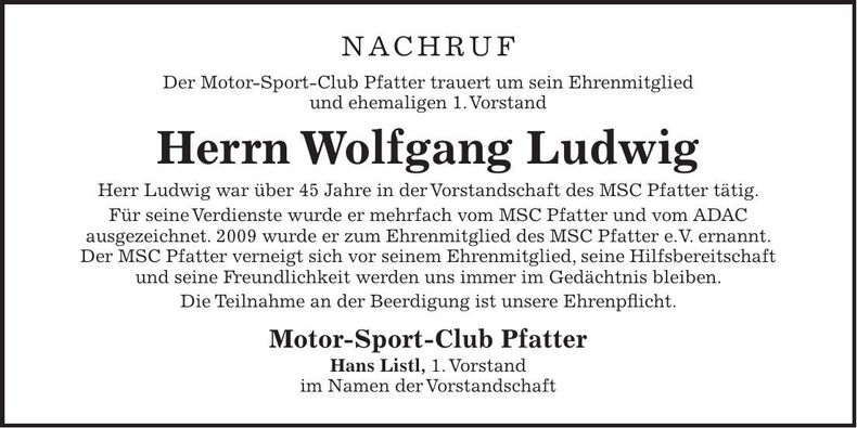 Traueranzeige Wolfgang Ludwig