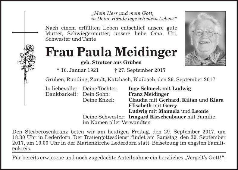 Traueranzeige Paula Meidinger