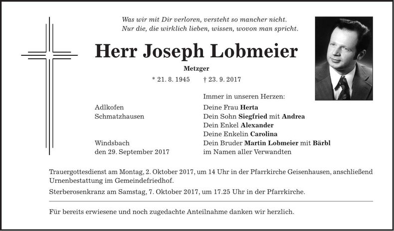 Traueranzeige Joseph Lobmeier