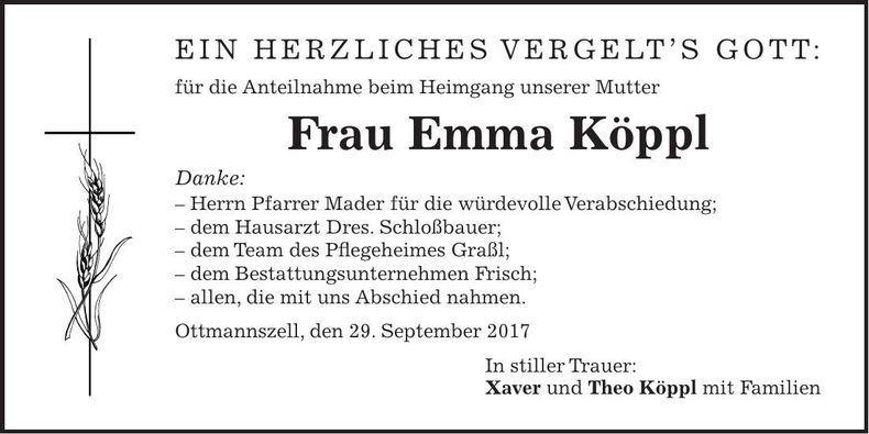 Traueranzeige Emma Köppl