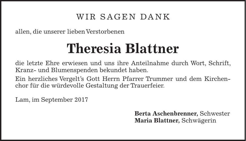 Traueranzeige Theresia Blattner
