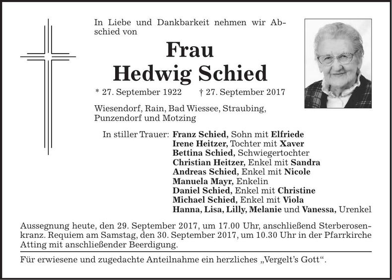 Traueranzeige Hedwig Schied