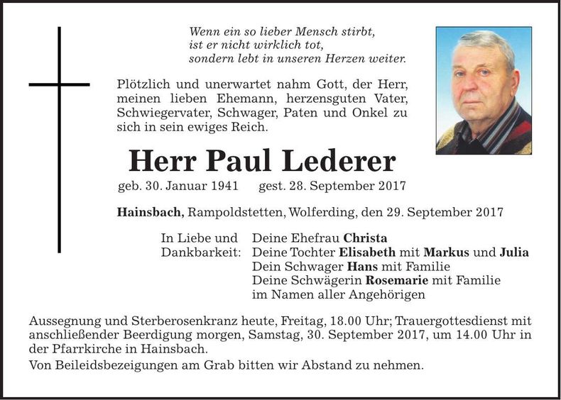 Traueranzeige Paul Lederer