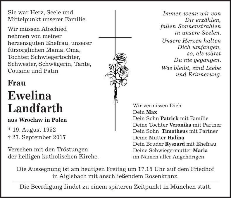 Traueranzeige Ewelina Landfarth