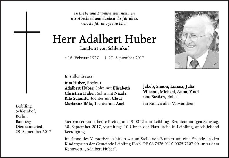 Traueranzeige Adalbert Huber
